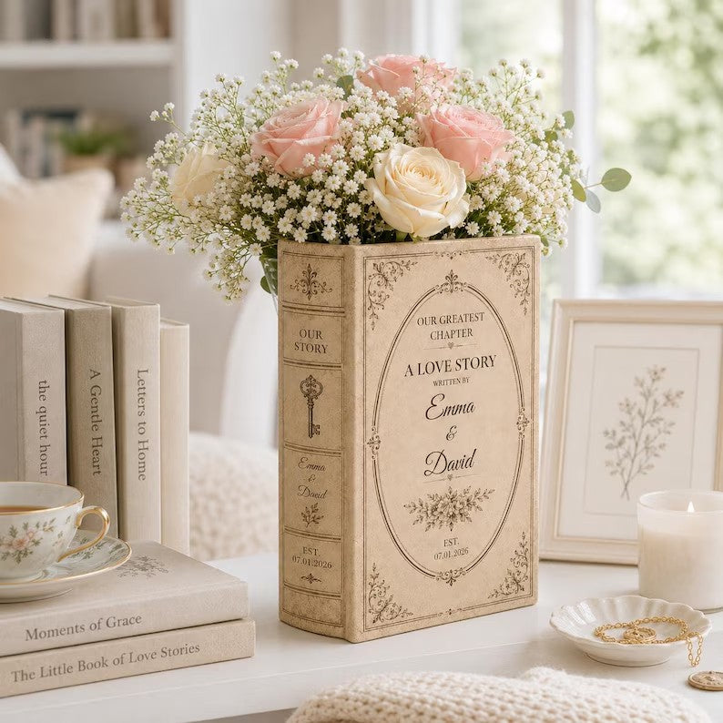 Customized Love Story Ceramic Book Vase, Wedding Gift for Couple, Bridal Shower Gift, Engagement Gift