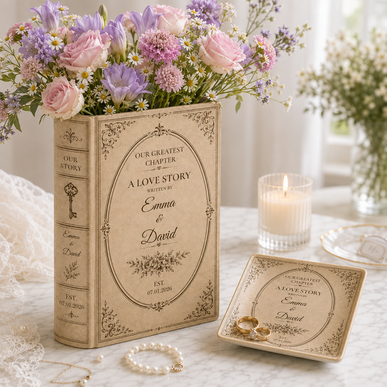 Customized Love Story Ceramic Book Vase, Wedding Gift for Couple, Bridal Shower Gift, Engagement Gift