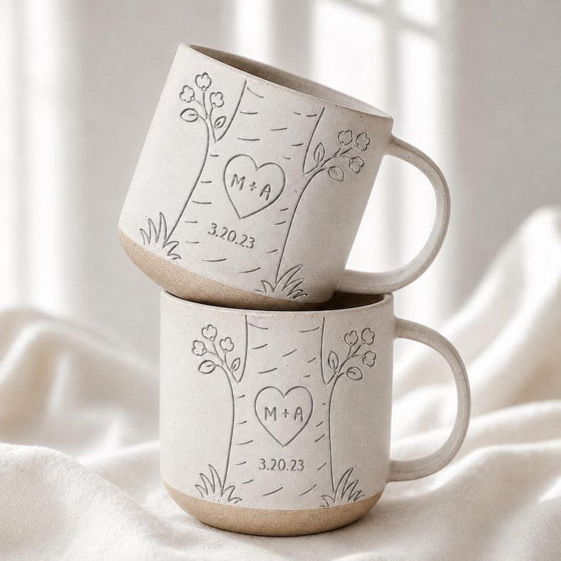 Personalized Couple Pottery Mug, Printed or Engraved Heart Tree Mug, Custom Initials & Date, Anniversary Gift, Wedding Gift, Newlywed Keepsake