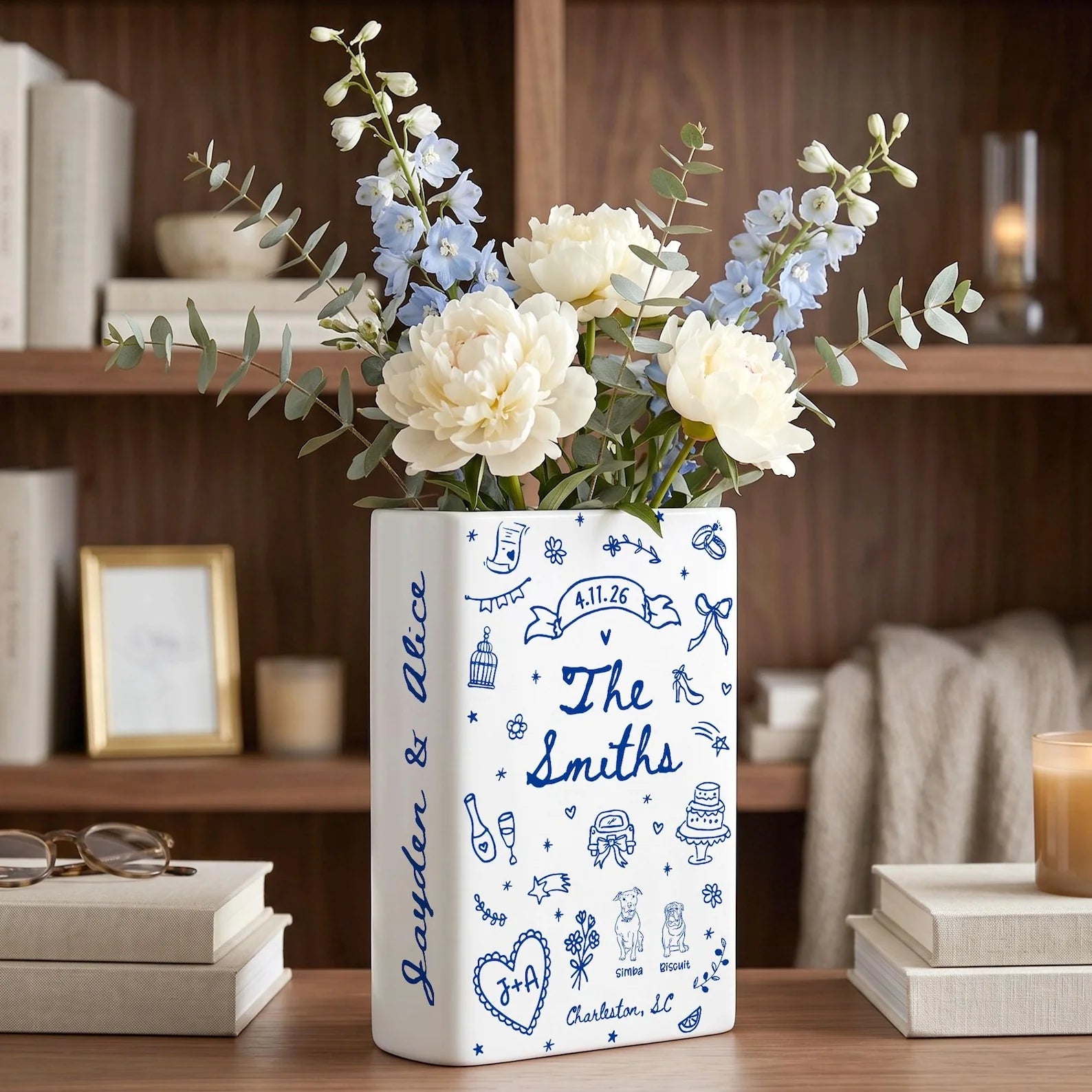 Custom Wedding Gift,Personalized Engagement Flower Vase with Names,Date&Location,Ceramic Flower Book Vase for Bride,Couple Gift,Newedly Gift