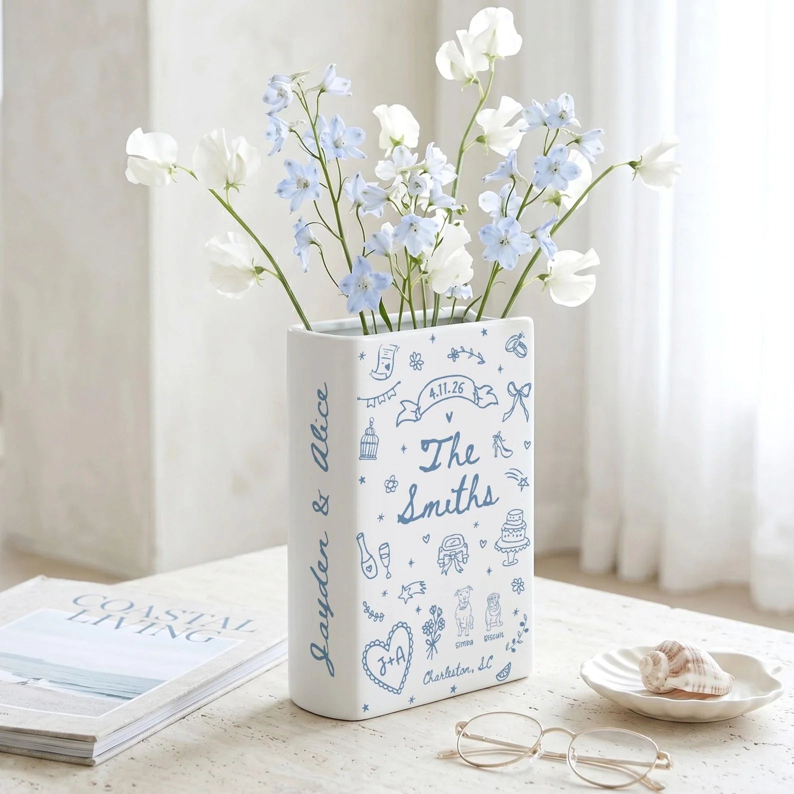 Custom Wedding Gift,Personalized Engagement Flower Vase with Names,Date&Location,Ceramic Flower Book Vase for Bride,Couple Gift,Newedly Gift