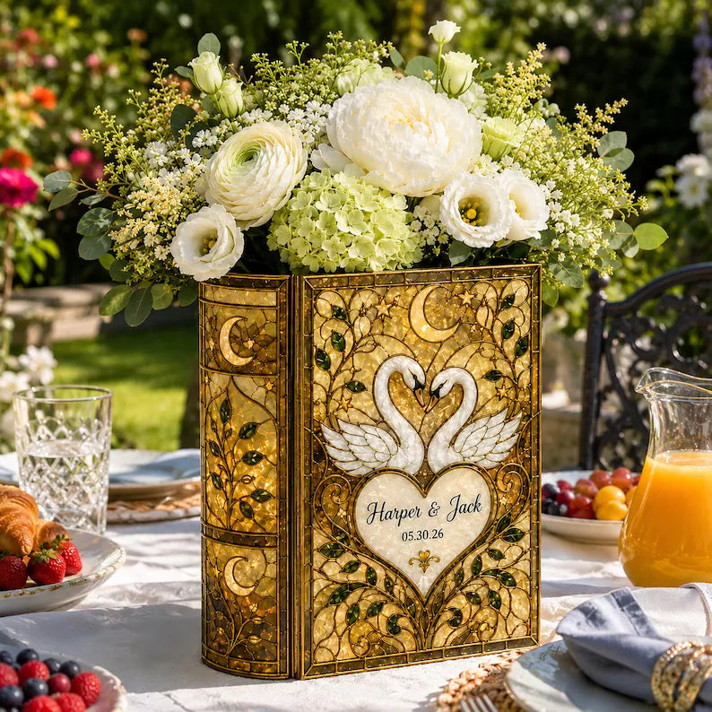 Personalized Wedding Book Vase, Custom Swan Anniversary Flower Vase, Romantic Couple Names Engagement Keepsake, Bridal Shower Gift