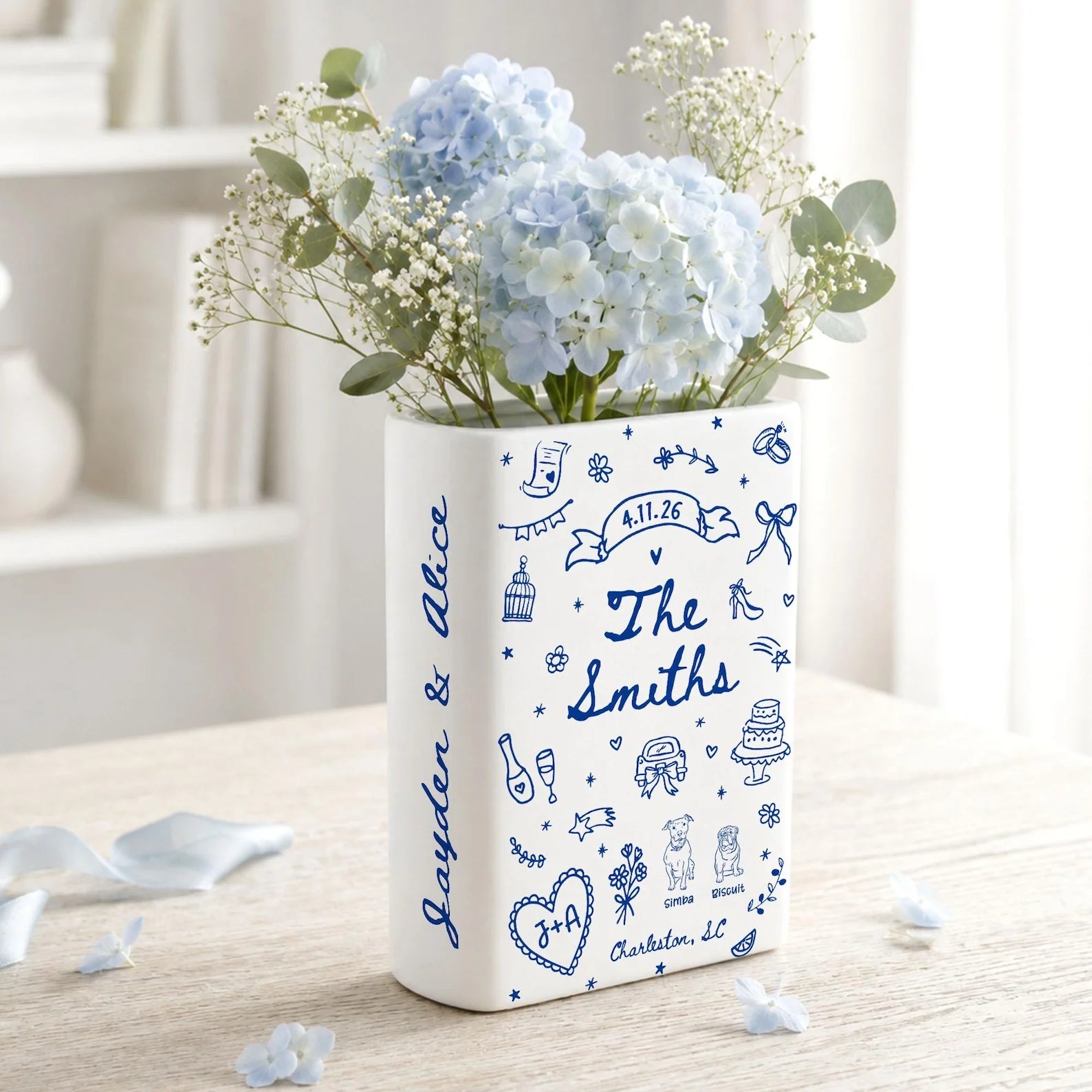 Custom Wedding Gift,Personalized Engagement Flower Vase with Names,Date&Location,Ceramic Flower Book Vase for Bride,Couple Gift,Newedly Gift