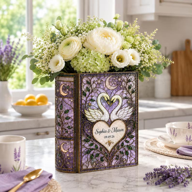 Personalized Wedding Book Vase, Custom Swan Anniversary Flower Vase, Romantic Couple Names Engagement Keepsake, Bridal Shower Gift