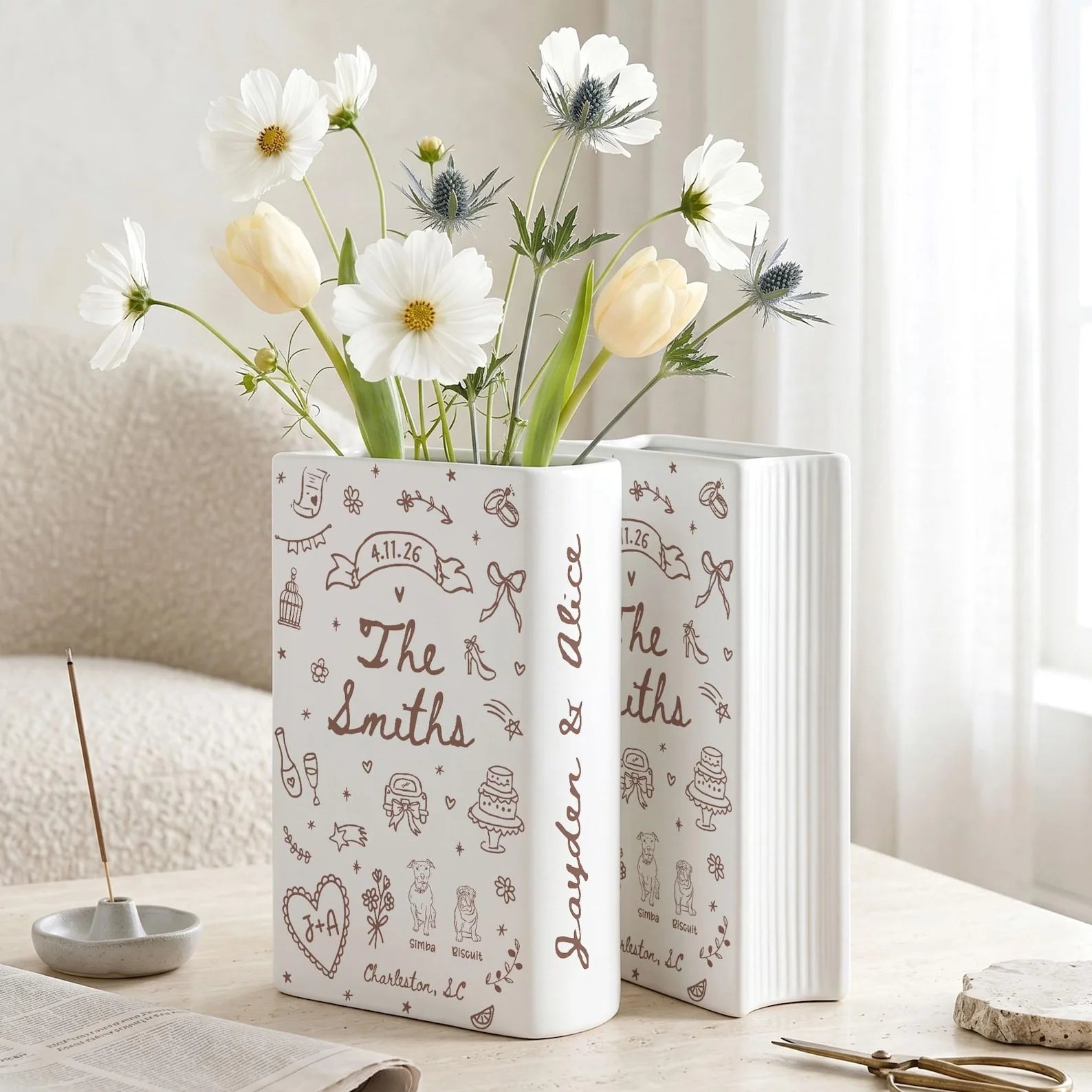 Custom Wedding Gift,Personalized Engagement Flower Vase with Names,Date&Location,Ceramic Flower Book Vase for Bride,Couple Gift,Newedly Gift