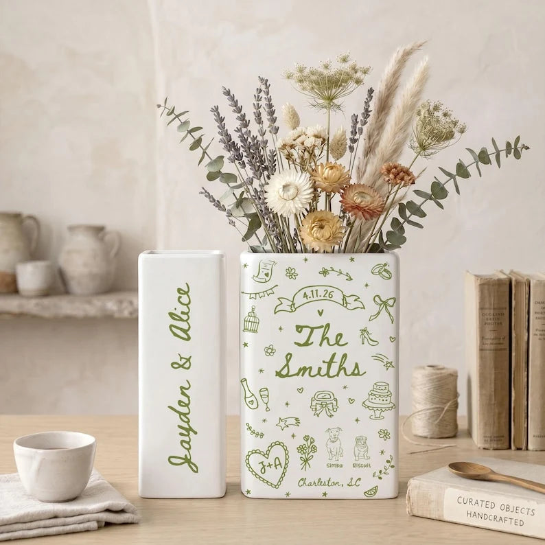 Custom Wedding Gift,Personalized Engagement Flower Vase with Names,Date&Location,Ceramic Flower Book Vase for Bride,Couple Gift,Newedly Gift
