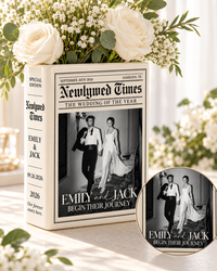 Newlywed Times photo book vase with newspaper print detail