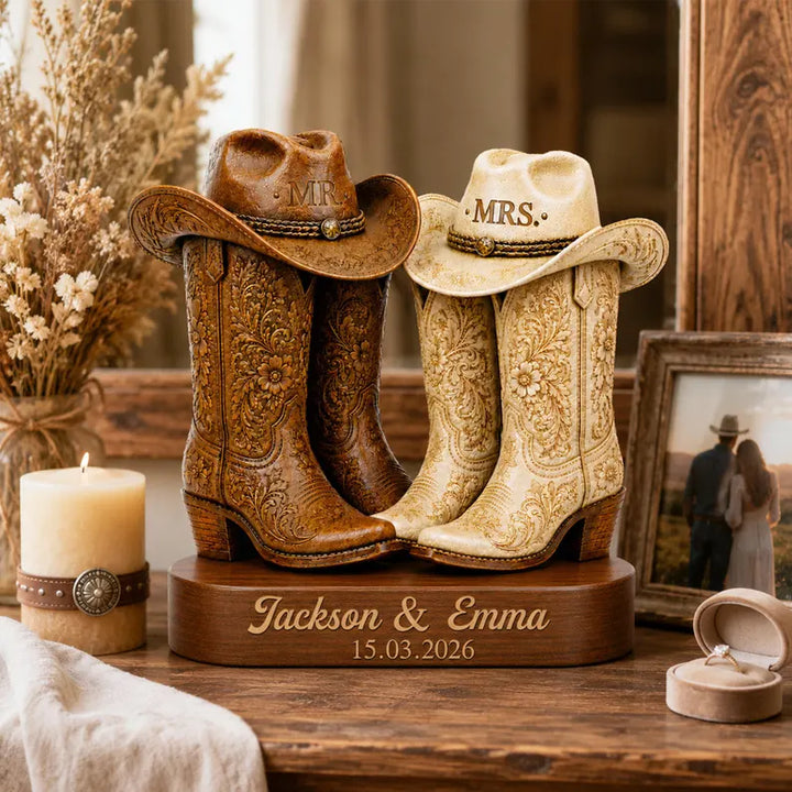 Personalized Western Cowboy Boots Wooden Block,Mr and Mrs Wedding Decor,Cowboy Cowgirl Boots Sign,Rustic Anniversary,Just Engaged Keepsake