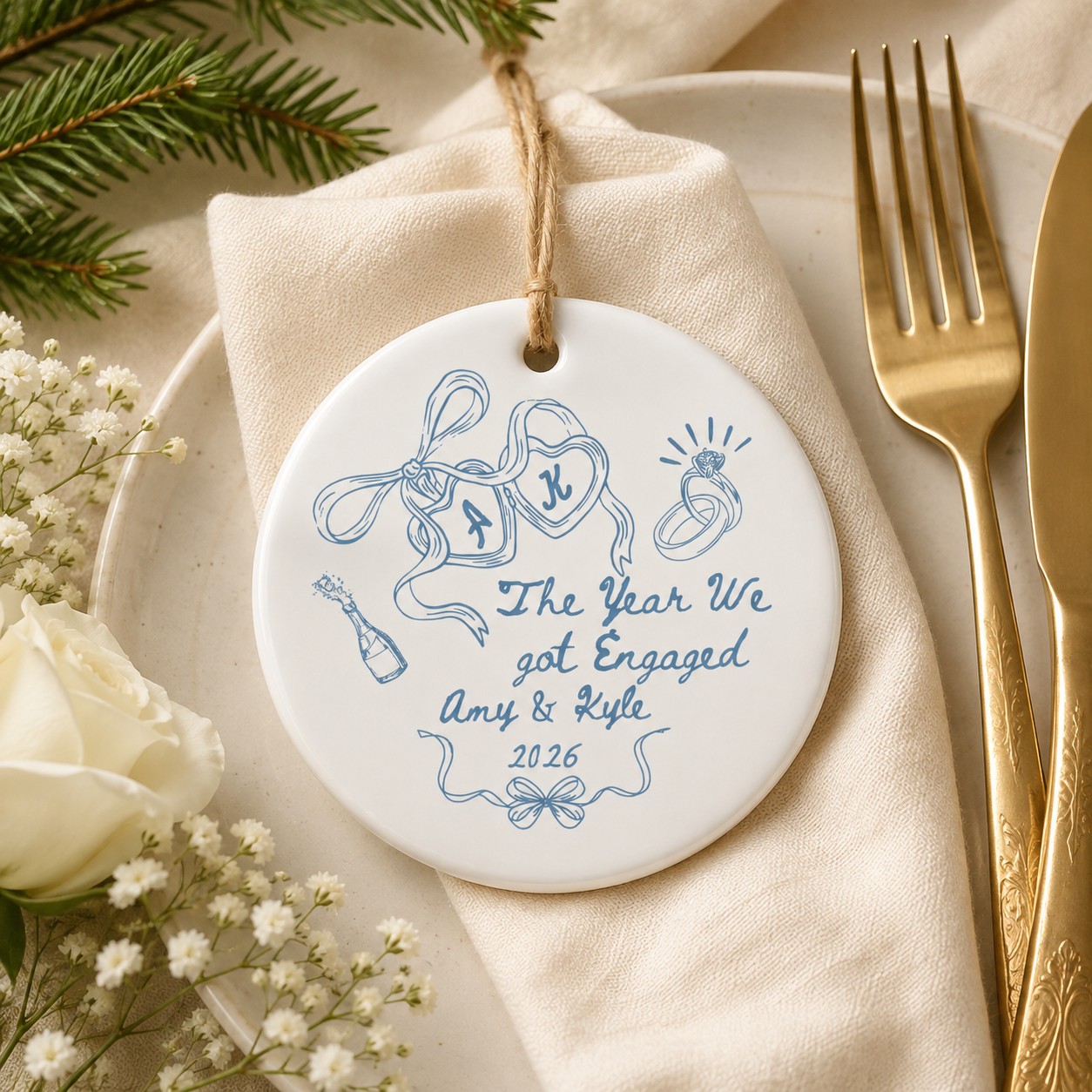 Personalized Engagement Ceramic Ornament, Custom Names & Year Keepsake for Couples, The Year We Got Engaged Gift for Bride-to-Be