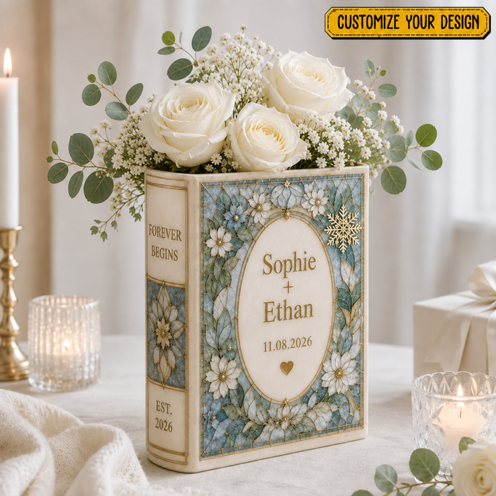 Personalized Ceramic Book Vase, Custom Wedding Flower Vase Gift