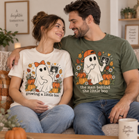Growing a Little Boo Pregnancy Announcement Couple Shirts, The Man Behind the Little Boo Matching Tees, Halloween Mom & Dad T-Shirts