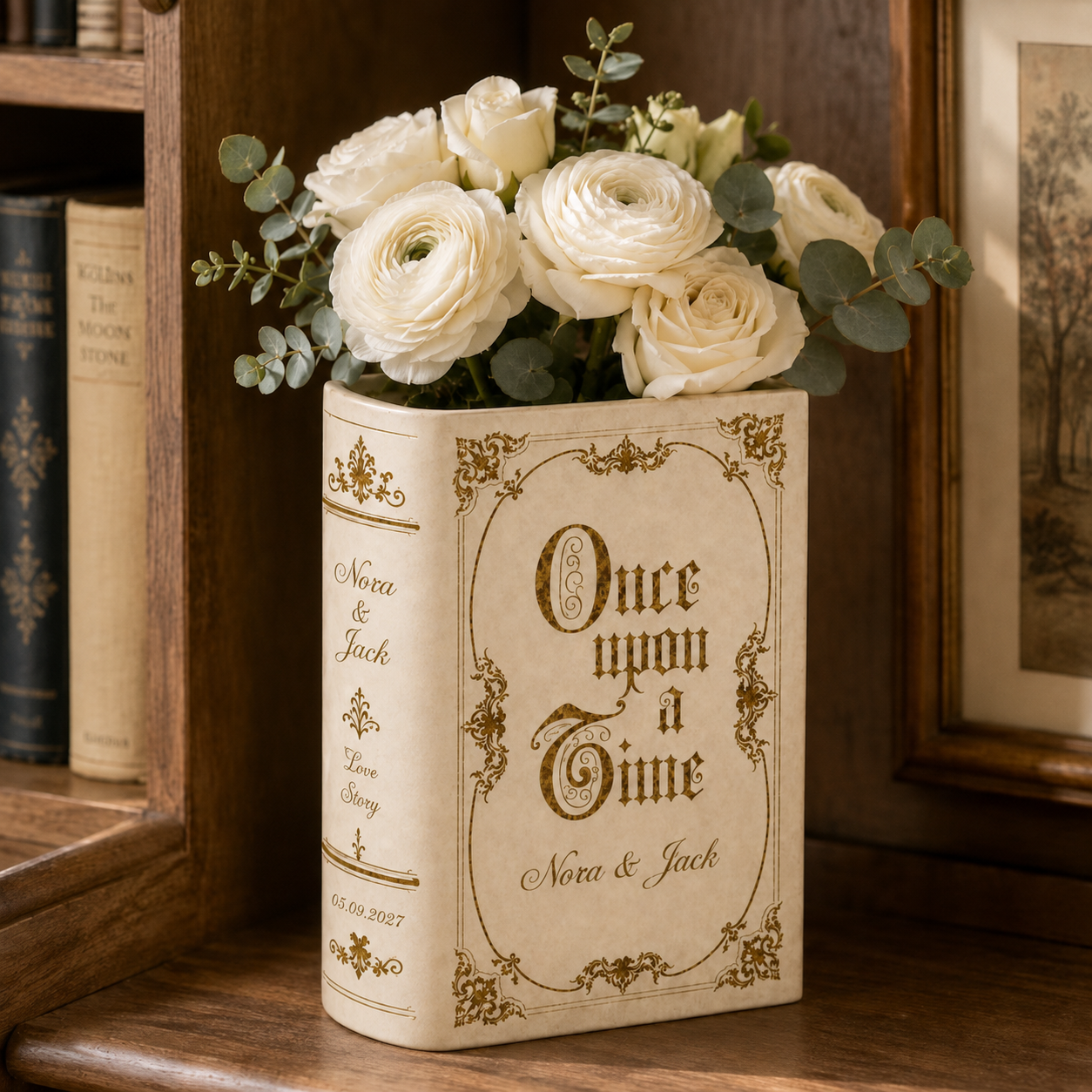 Personalized Vintage Wedding Book Vase & Jewelry Dish Set, Custom Couple Names & Wedding Date Flower Vase, Romantic Centerpiece,  Couple Keepsake
