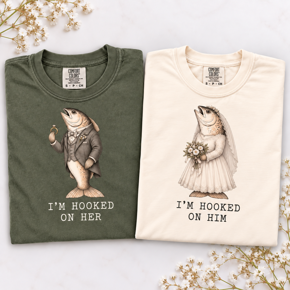 I'm Hooked on Him and Her fish wedding couple shirt mockup 4