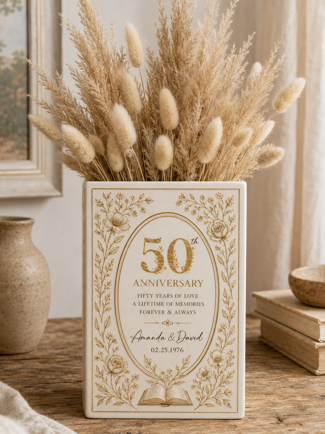 Personalized Milestone Anniversary Book Vase & Jewelry Dish Set, Custom Anniversary Year Couple Gift, Romantic Wedding Keepsake