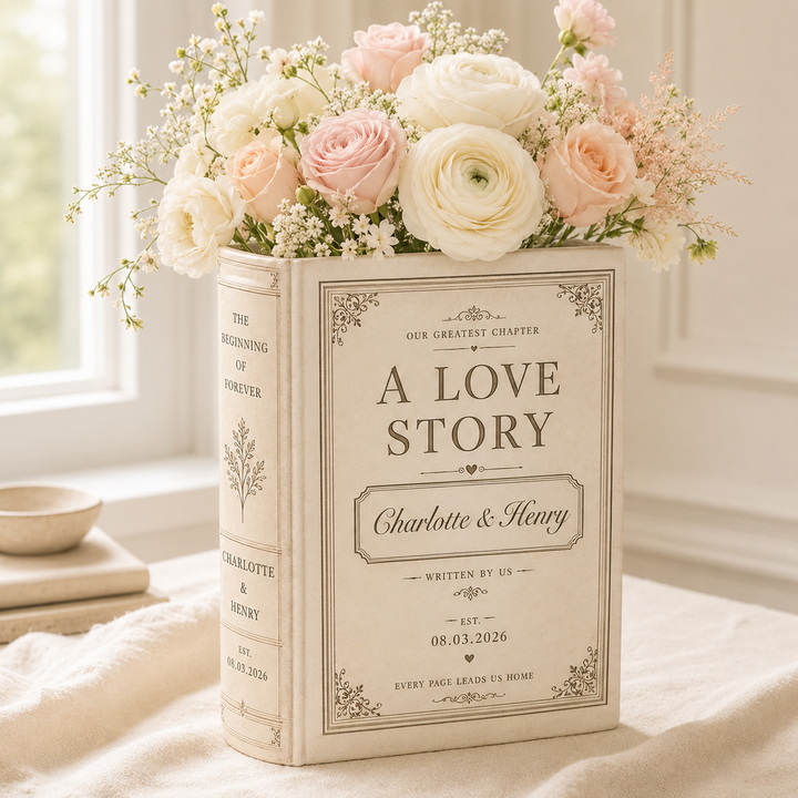 Personalized Ceramic Book Vase, Custom Wedding Love Story Flower Vase With Names,  Couple Decor Gift