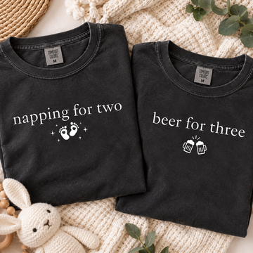 Pregnancy Announcement Comfort Colors Couple Shirts, Napping for Two & Beer for Three Matching Mom Dad Tees