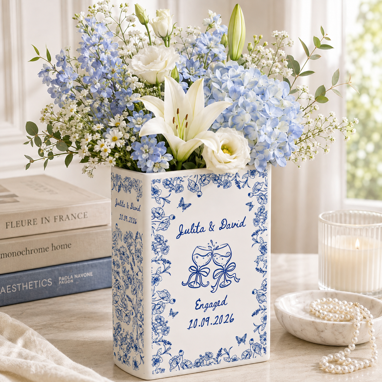 Personalized Engagement Ceramic Book Vase,Custom Toile De Jouy Couple Name Book Vase,Floral Engaged Gift,Gift For Bride,Wedding Couple Gift