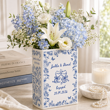 Personalized Engagement Ceramic Book Vase,Custom Toile De Jouy Couple Name Book Vase,Floral Engaged Gift,Gift For Bride,Wedding Couple Gift