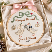 Embroidered Wedding Goose Ornament, Personalized First Christmas Hoop, Custom Names Year