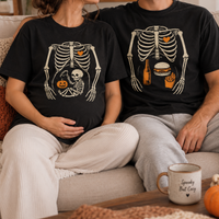 Funny Halloween Pregnancy Couple Shirts for Expecting Parents, Matching Skeleton Mom Dad Tees, Spooky Baby Announcement Gift