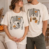 Funny Halloween Pregnancy Couple Shirts for Expecting Parents, Matching Skeleton Mom Dad Tees, Spooky Baby Announcement Gift