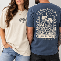 Personalized Til Death Couple Shirts, Custom Skeleton Wedding Tees, Names & Date, Gothic Bride Groom Matching Shirts