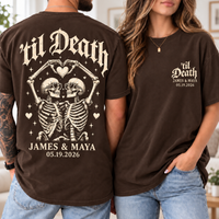 Personalized ’Til Death Skeleton Couple Shirts – Custom Names & Date
