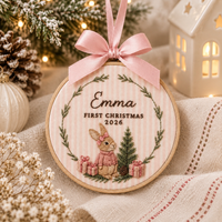 Personalized Bunny Wreath Ornament, Embroidered Bunny Baby First Christmas Name Hoop, Baby 1st Christmas Ornament, Baby Shower Gift