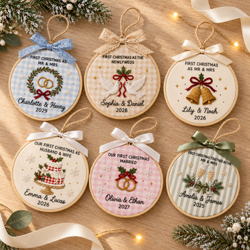First Christmas Married Ornament, Personalized Embroidered Hoop Ornament, Custom Wedding Christmas Keepsake, Newlywed Gift Decor