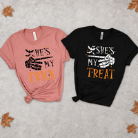 Matching Halloween Couple Shirts, He’s My Trick She’s My Treat Skeleton T-Shirts, Funny Couples Costume