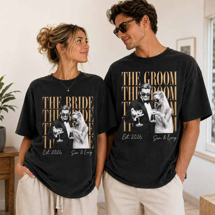 Personalized Bride Groom Photo Shirts for Wedding, Custom Couple Photo Names & Year T-Shirts, Matching Newlywed Shirts for Wedding Weekend