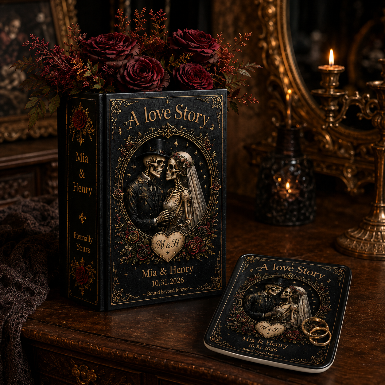 Personalized Gothic Wedding Book Vase, A Love Story Skeleton Couple Vase, Custom Names and Date, Engagement Wedding or Anniversary Gift