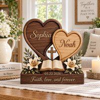 Personalized Christian Couple Wooden Block, Custom Faith Couple Gift, Interlocking Heart Bible Cross Tabletop Decor, Wedding Gift for Couple