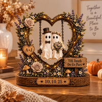 Personalized Ghost Couple Wooden Block, Halloween Wedding Gift, Custom Initials & Date, Gothic Bride Groom Keepsake