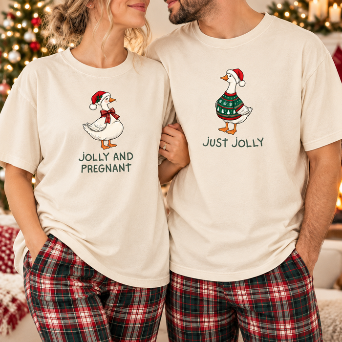 Jolly and Pregnant & Just Jolly Christmas Goose Couple Tees
