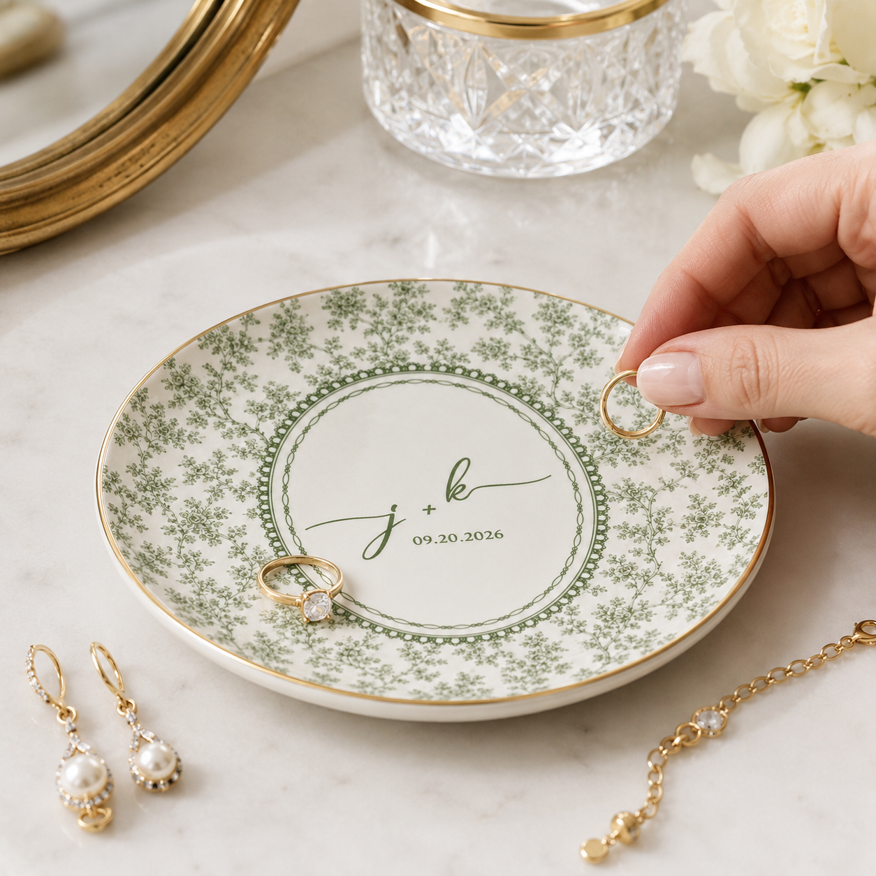 Personalized Toile De Jouy Jewelry Dish With Date- Gift for Bride, Bridesmaid, Bachelorette Trip, Bridal Shower Gift (Copy)