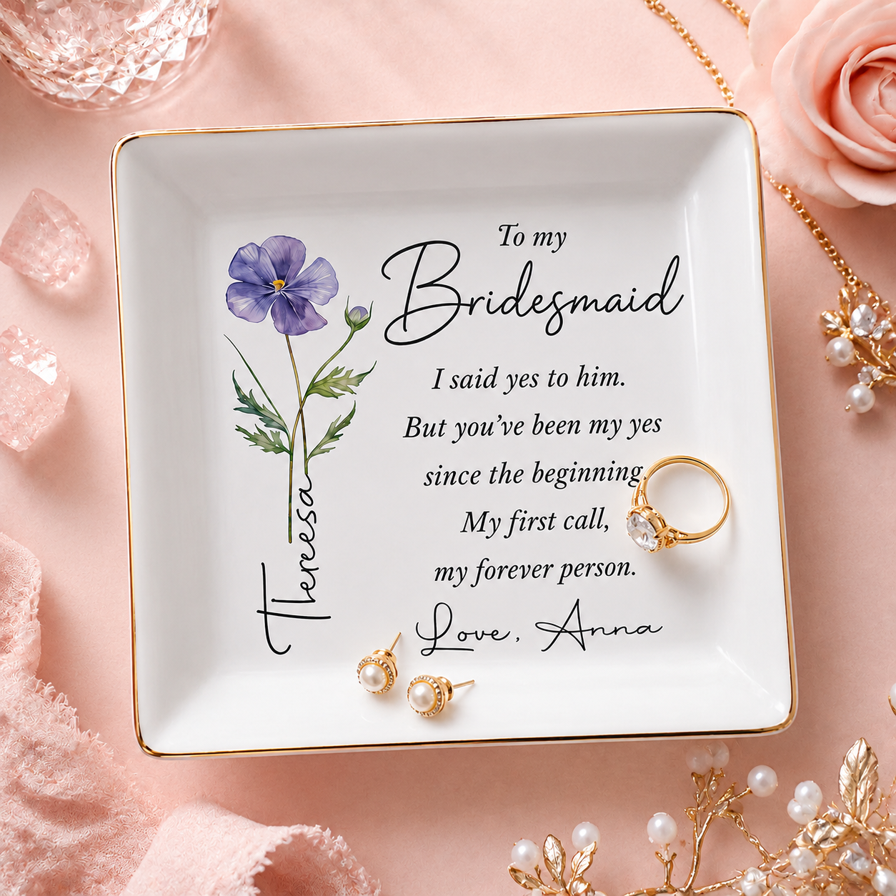 Personalized Bridesmaid Wedding Jewelry Dish With Birth Flower, Bachelorette Trip, Bridal Shower Gift
