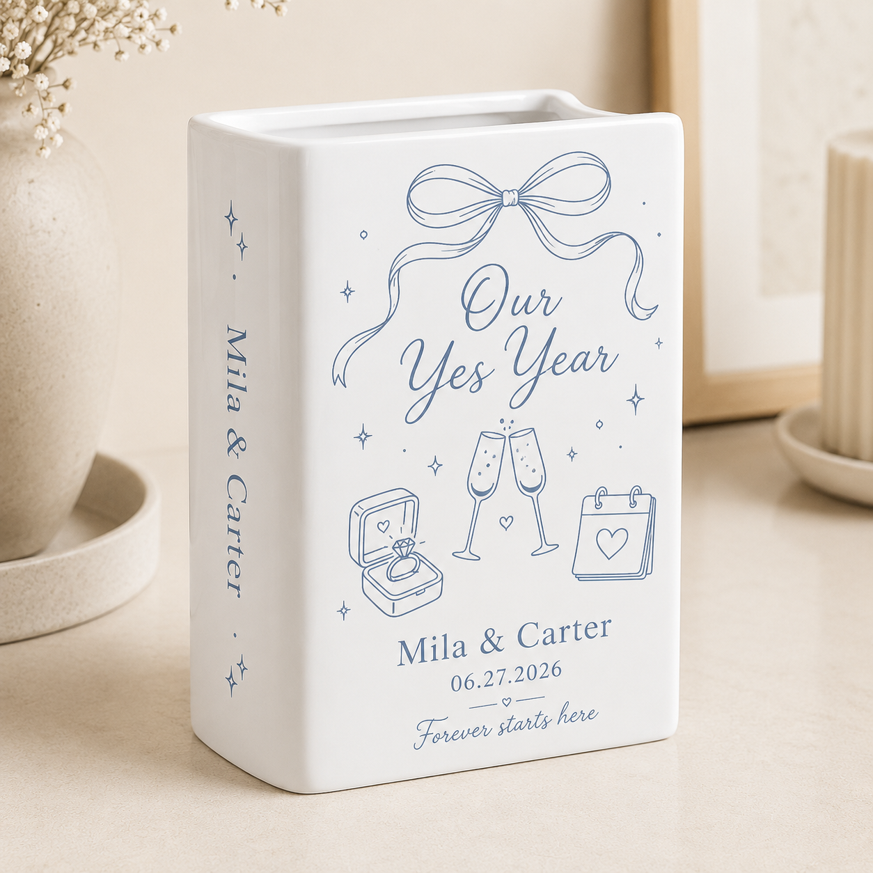 Personalized Engagement Ceramic Book Vase, Custom Couple Names and Date, Engaged Gift for Bride to Be, Wedding Couple Gift