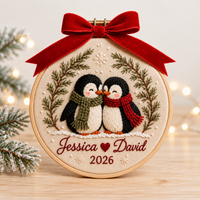 Personalized Couple Christmas Embroidered Ornament, Custom Names Penguin Hoop Decor, Romantic Keepsake 2026, Gift for Couple