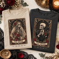 Bride & Groom Skeleton Tarot Card Shirts, Custom Date Tarot Card Wedding Tees, Gothic Wedding Couple Gift