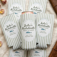 Personalized She’s a Catch Bachelorette Can Cooler, Custom Coastal Can Sleeve, Fisherman Bridal Party Favor, Beach Bach Gift