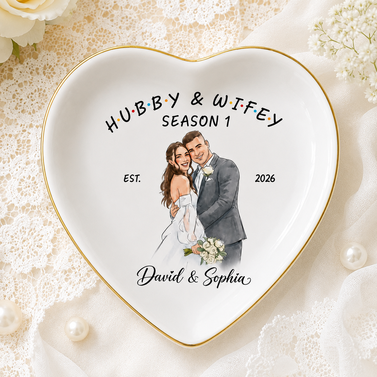 Personalized Photo Hubby & Wifey Couple Jewelry Dish - Gift for , Custom Bachelorette Trip, Bridal Shower Gift