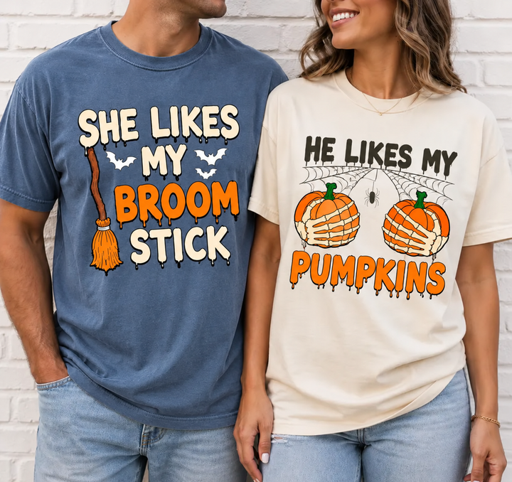 She Likes My Broomstick Shirt He Likes My Pumpkins Shirt Funny Halloween Couples Outfit Spooky Season Matching T-shirts