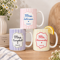 Personalized Mr Mrs Stripe Mug, Engagement Mug, Newly Engaged Gift, Bride Groom Mugs, Custom Wedding Mugs, Anniversary Gift, His Hers Mugs