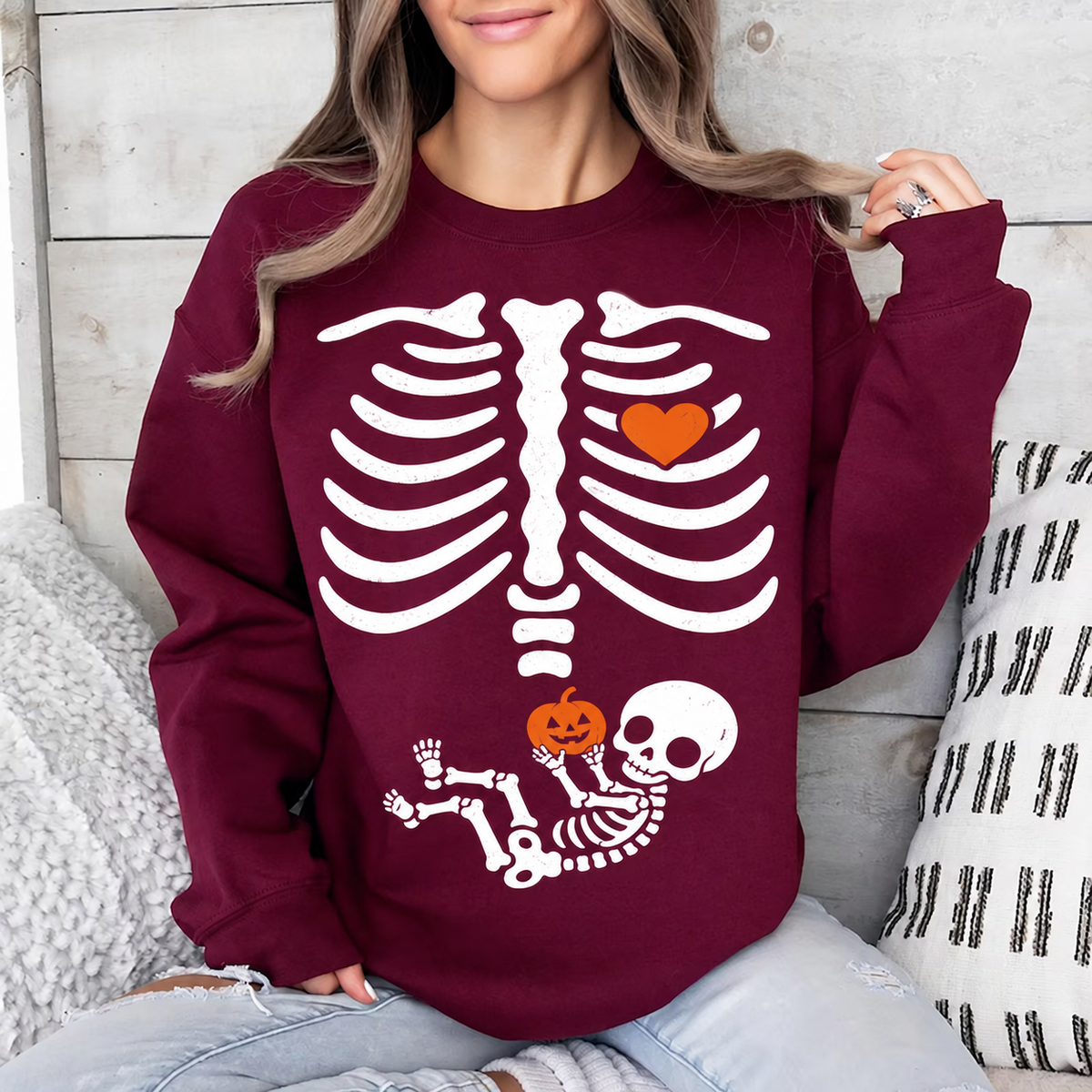 Halloween Skeleton Pregnancy Sweatshirt & Hoodie, Matching Couple Baby Announcement mockup 7