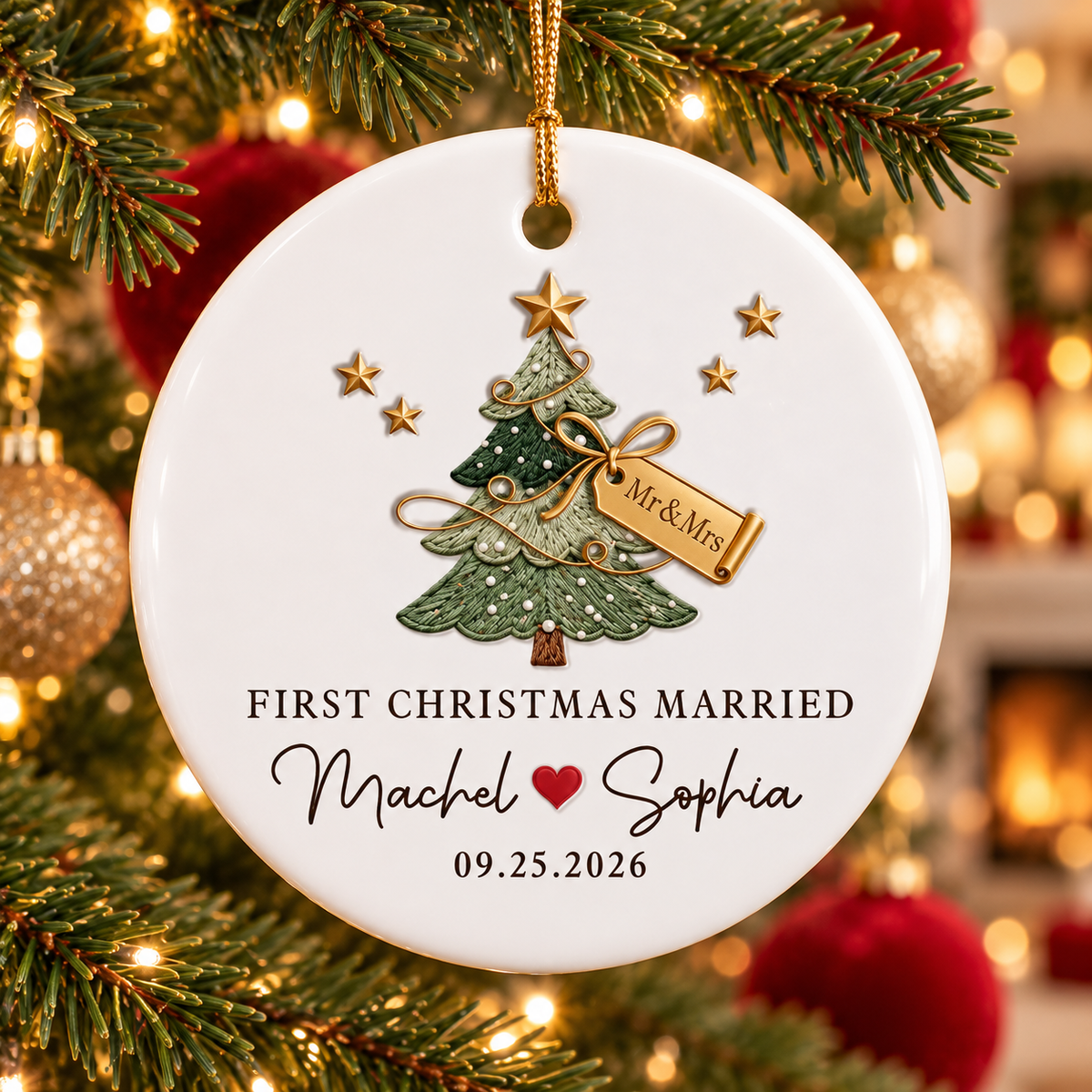 Personalized Tree Ceramic Ornament – First Christmas Married