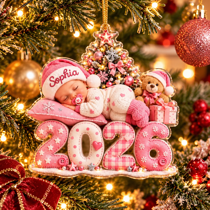 Personalized Sleeping Baby & Teddy Bear Acrylic Ornament – First Christmas