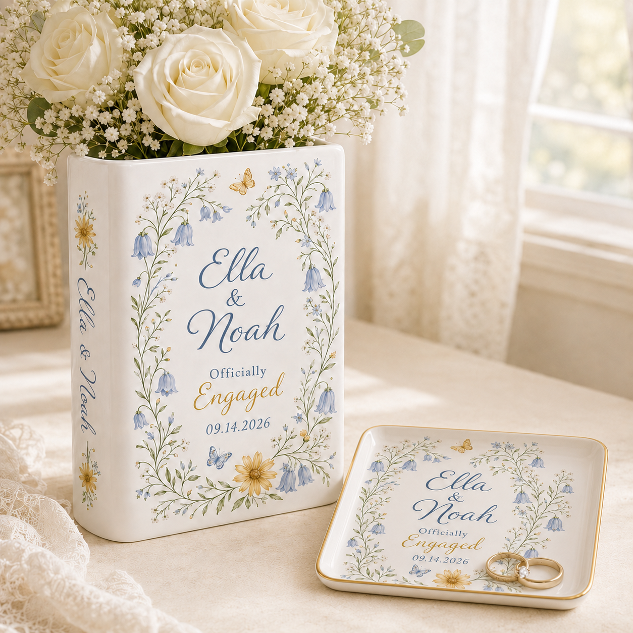 Personalized Engagement Ceramic Book Vase, Custom Couple Names and Date, Engaged Gift for Bride to Be, Wedding Couple Gift