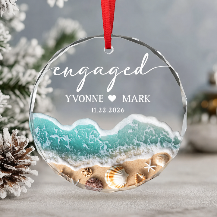 Personalized Beach Glass Ornament for Engagement, Custom Couple Names & Engagement Date Ocean Keepsake, Engaged Christmas Gift for Couple