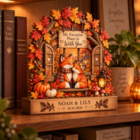 Personalized Fox Couple Wooden Block, Custom Names & Date Autumn Keepsake, Romantic Anniversary Gift for Couples